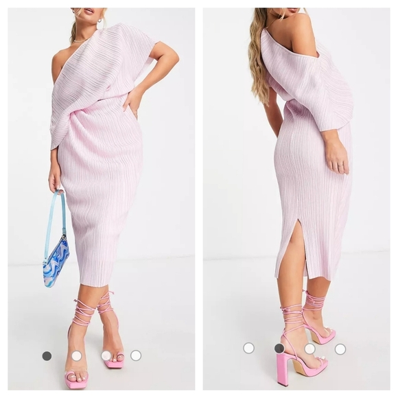 ASOS Fallen Shoulder Plisse Midi Dress in Lilac - Picture 2 of 9